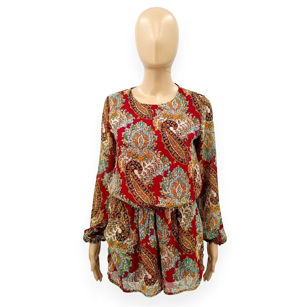 Lucca Couture Burgundy Long Sleeve Open Back Paisley Print Shorts Romper Small